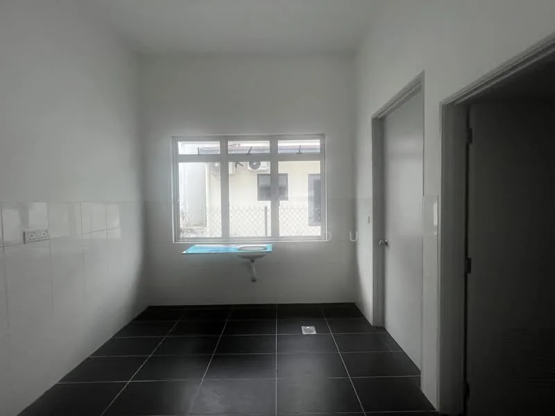 Laundry features: white painted walls, black ceramic tile flooring, single window with grid, sink with countertop, door to adjacent room, door to hallway.