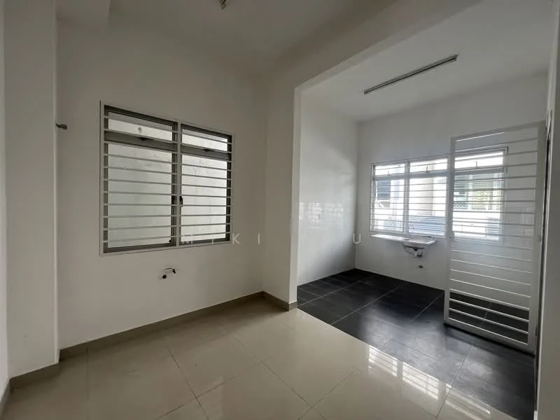 Room features: white painted walls, grey tiled flooring, large windows with horizontal metal grilles, natural light from windows, corner space, open layout, ceiling lights, plumbing fixtures visible; style: modern.