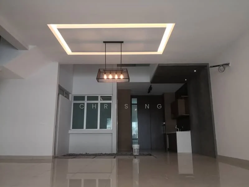 Living features: marble tile flooring, white painted walls, tray ceiling with recessed lighting, pendant light fixture with multiple bulbs, large windows for natural light, open layout to kitchen, neutral color palette, decorative wall with text; style: modern.