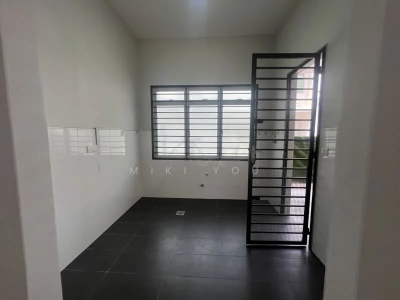 Room features: white painted walls, black tile flooring, large windows with metal grilles, door with metal grille, floor drain, light source from window, minimalist design; style: modern; view: garden.