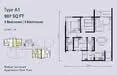 Floor plan: 3-bedroom 2-bathroom unit; features: open-plan kitchen-dining-living, master bedroom with ensuite bathroom, bedroom 2 with shared bathroom, utility room, balcony off living room, central foyer, 2 car porch, 1,200 sqft built-up.