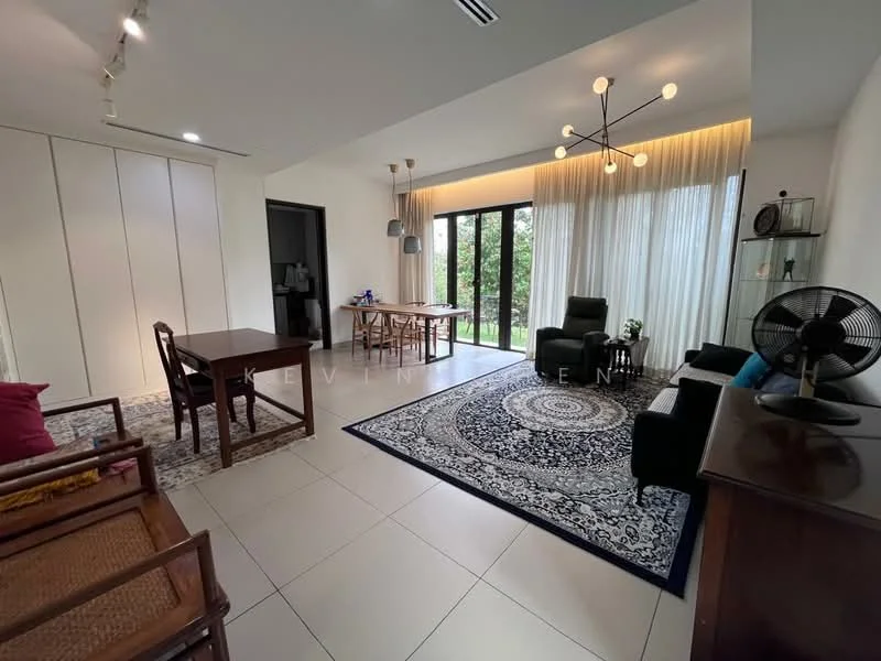 Living features: floor-to-ceiling windows, sheer curtains, 3-seater fabric sofa in blue, 2 armchairs in black, coffee table, area rug with geometric pattern, dining table with 4 chairs, wall-mounted TV, ceiling fan, decorative wall clock, wooden side table, potted plant, built-in cabinetry, light fixtures with multiple bulbs; style: modern; view: garden.