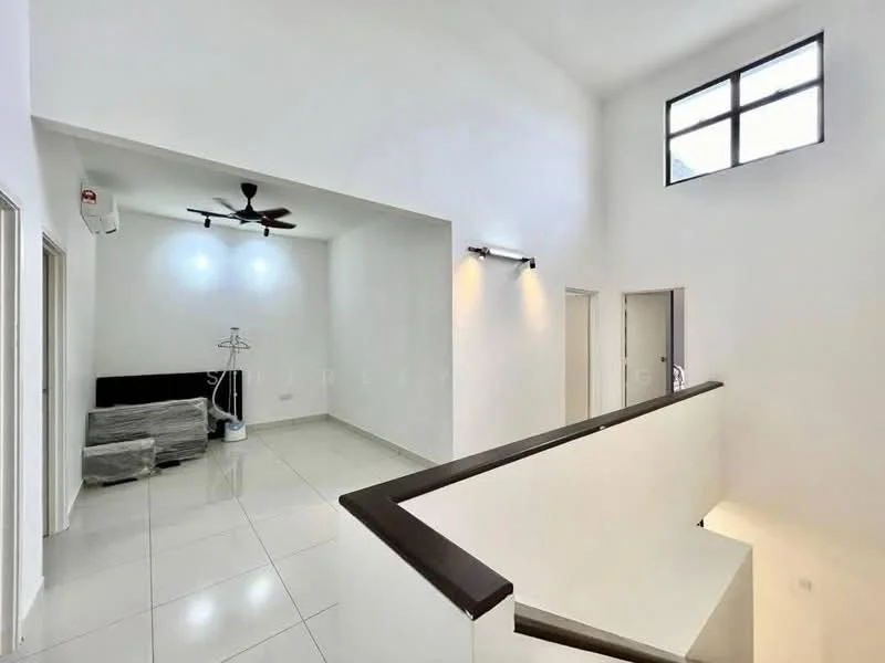 Room features: white painted walls, high ceiling, ceramic tile flooring, 5-blade ceiling fan, wall-mounted split AC, large window, recessed lighting, staircase with railing, sofa, lamp, light fixtures; style: modern.