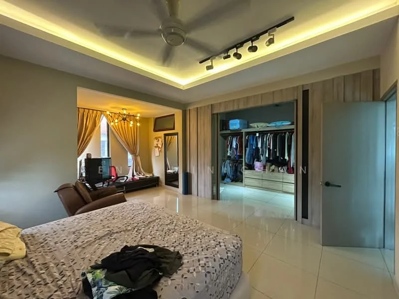 Bedroom features: king-size bed, upholstered headboard, wall-mounted TV, 5-blade ceiling fan with light, recessed LED downlights, cream painted walls, white tiled flooring, built-in wardrobe with sliding doors, large window with sheer curtains, decorative mirror, area rug with geometric pattern, study desk, armchair; style: modern.