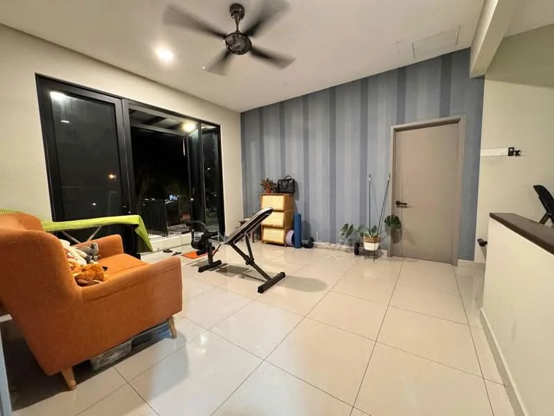 Living features: orange fabric sofa, white walls, striped wallpaper in blue and grey, large floor-to-ceiling windows, sliding glass door, tile flooring, ceiling fan, potted plants, keyboard stand, exercise mat, decorative items on the floor; style: modern; view: city.