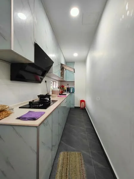 Kitchen features: light blue cabinetry with marble pattern, white countertop, black built-in stove, black range hood, wall-mounted flat-screen TV, grey tile flooring, window for natural light, kitchen rug, kitchen utensils on countertop, storage containers, splashback with white tiles; style: modern.