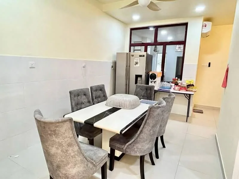 Dining features: white dining table with black accents, 6 upholstered dining chairs in grey, refrigerator, microwave, wall-mounted split AC, light-colored painted walls, tile flooring, ceiling fan, window with natural light, decorative items on table; style: modern.