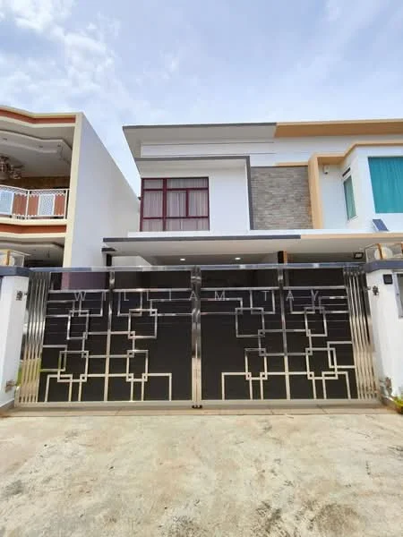 Exterior type: semi-detached house; features: modern facade, black metal gate with geometric pattern, white painted walls, stone cladding, large windows, balcony with railing, two-storey structure, driveway, manicured landscaping, clear sky, front porch; style: modern.