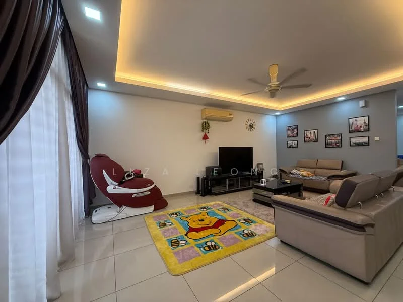 Living features: grey accent wall, white painted walls, recessed downlights, 5-blade ceiling fan with light, cream tiled flooring, sofa in beige, armchair in red, coffee table, TV console, wall-mounted TV, area rug with cartoon pattern, decorative wall frames; style: modern.