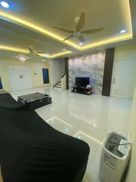 Living features: white painted walls, marble accent wall, polished tile flooring, 5-blade ceiling fan with light, recessed LED downlights, wall-mounted TV, TV console, staircase, air conditioning unit, sofa covered with black fabric, decorative ceiling, built-in cabinetry; style: modern.