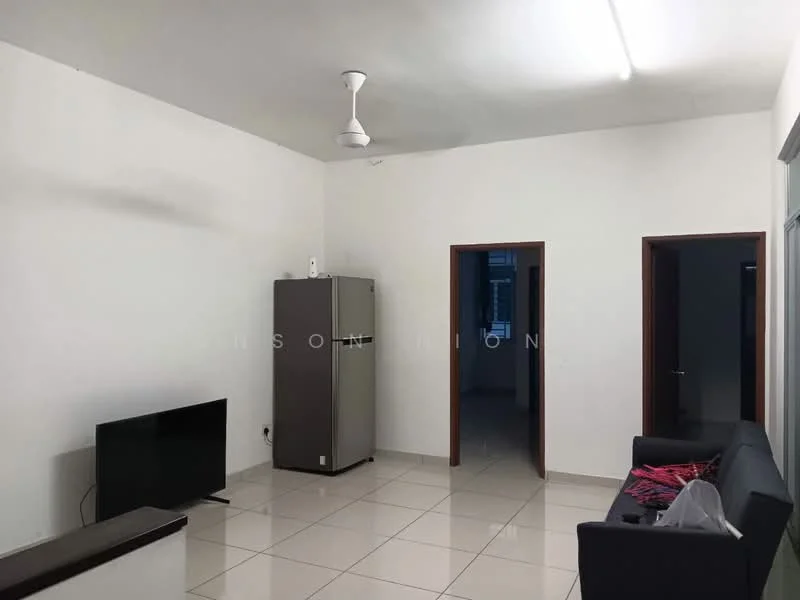 Living features: white painted walls, glossy ceramic tile flooring, 5-blade ceiling fan with light, sofa in dark color, flat-screen TV, refrigerator, two doorways leading to other rooms, window with sheer curtains.