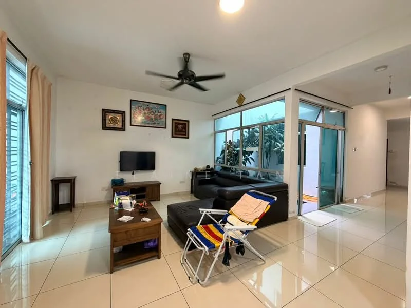 Living features: black leather sofa, wooden coffee table, wall-mounted TV, 5-blade ceiling fan, large glass windows, cream painted walls, white tiled flooring, decorative wall art, sheer curtains, sliding glass door leading outside; style: modern; view: garden.