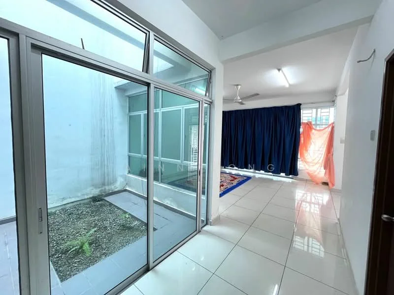 Room features: sliding glass door, white walls, white ceiling, tile flooring, ceiling fan, large window, indoor garden area, curtains, decorative rug; style: modern; view: garden.