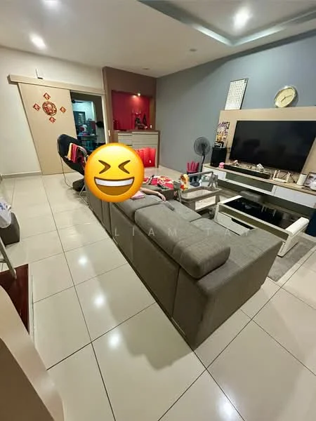 Living features: grey fabric sectional sofa, white coffee table, wall-mounted TV, TV console, cream tiled flooring, recessed ceiling lights, decorative wall clock, fan, accent wall in grey, open shelving, decorative items on shelves, wall art, sliding door to kitchen, neutral wall color; style: modern.