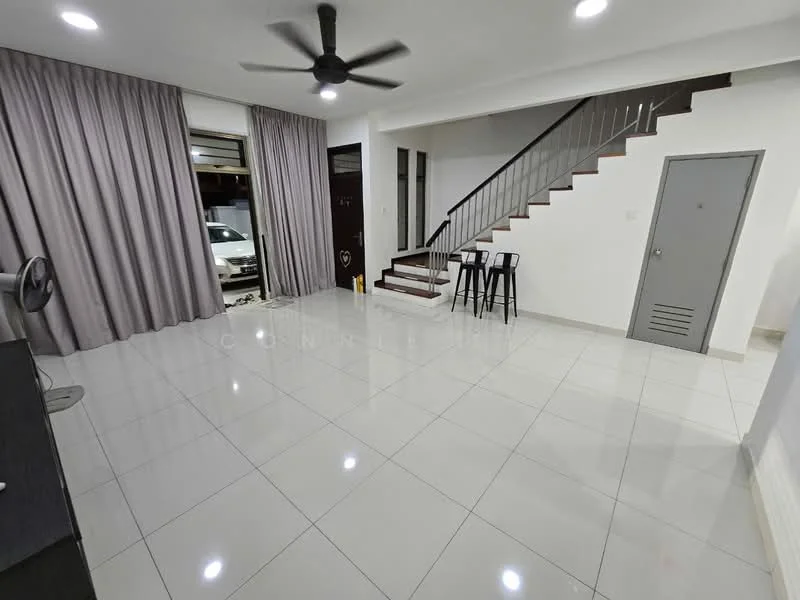 Living features: white painted walls, glossy white tile flooring, 5-blade ceiling fan with light, large windows with sheer curtains, staircase with wooden steps, open layout, two bar stools, wall-mounted fan, door leading to outside, door leading to utility area; style: modern.