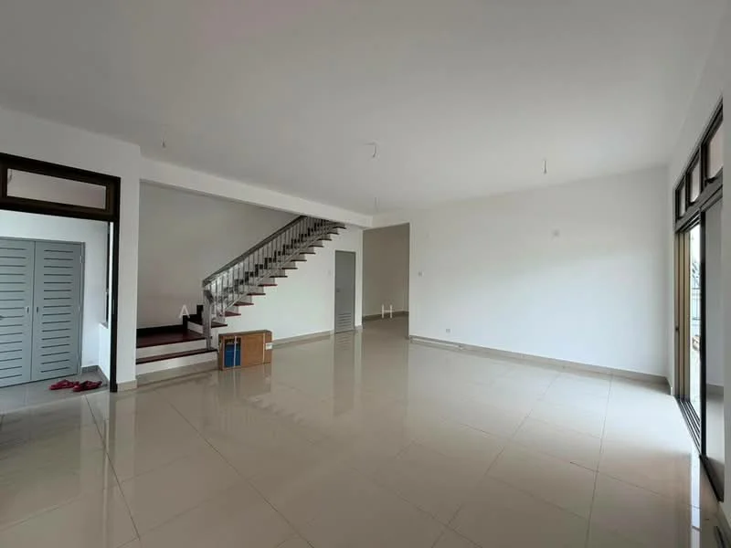Living features: white painted walls, glossy ceramic tile flooring, large windows with no treatments, open layout, staircase with metal railing, ceiling lights, no visible furniture, neutral color scheme; style: modern.