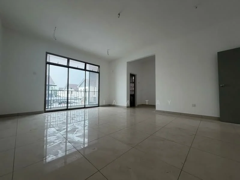 Room features: white painted walls, glossy ceramic tile flooring, large floor-to-ceiling windows, sliding glass door, natural light from windows, neutral color scheme, high ceiling, no visible furniture; style: modern.