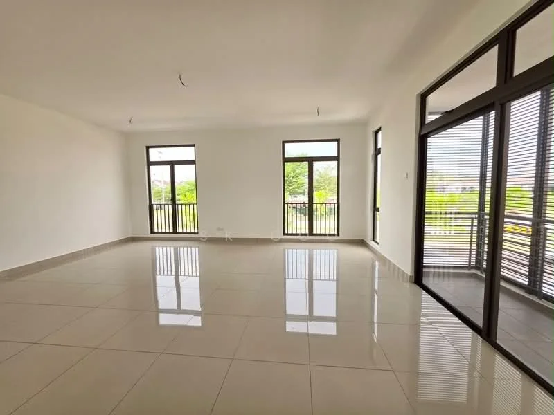 Room features: white painted walls, glossy ceramic tile flooring, floor-to-ceiling windows, sliding glass door, balcony access, natural light, neutral color palette, high ceiling; style: modern; view: garden.
