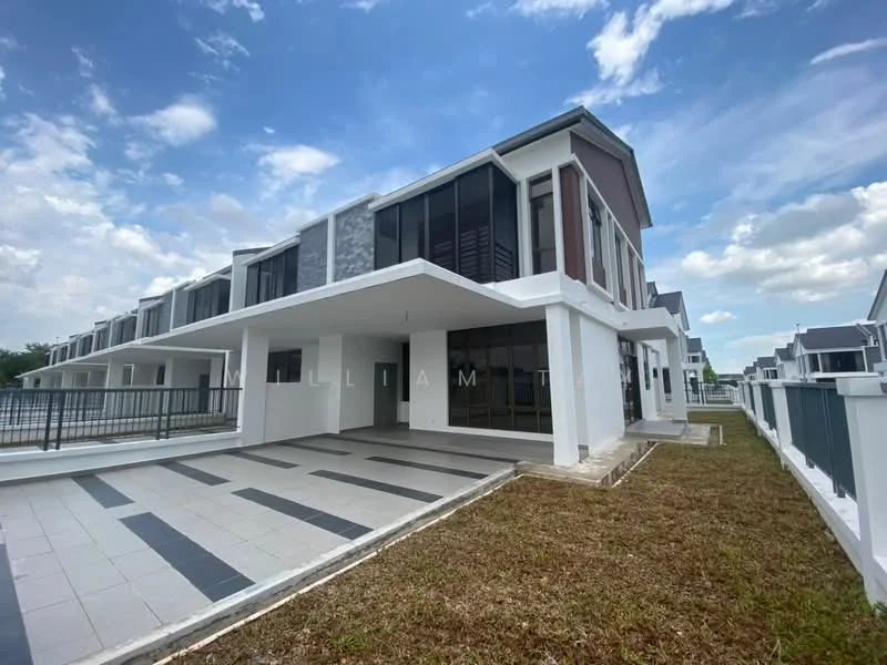 Exterior type: linked terrace house; features: white painted facade, grey stone cladding, large glass windows, balconies on upper floors, flat roof, manicured lawn, paved walkway, surrounded by greenery; style: modern.