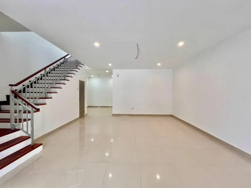 Living features: white painted walls, polished ceramic tile flooring, recessed downlights, staircase with wooden steps and metal railing, open layout, no visible furniture, large open space, neutral color scheme; style: modern.
