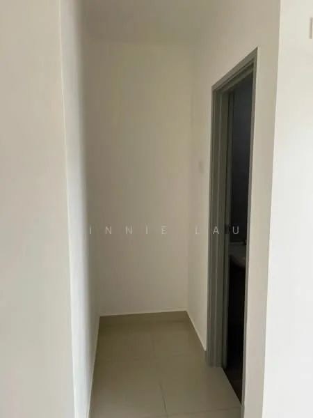 Room features: white painted walls, light grey door frame, tile flooring, neutral colour scheme, door leading to another room; style: modern.