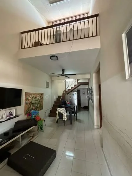 Living features: white painted walls, glossy tile flooring, ceiling fan, wall-mounted TV, wooden staircase, dining table with chairs, decorative artwork, open space with high ceiling; style: modern. Room features: natural light from windows, railings on upper level.