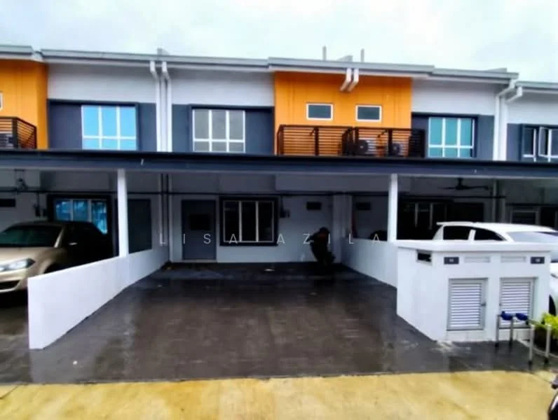 Exterior type: linked terrace house; features: two-storey structure, grey and orange painted facade, balconies with railings, car porch with space for two vehicles, manicured front yard, sliding glass door, large windows, covered entrance, concrete flooring, visible drainage system; style: modern.