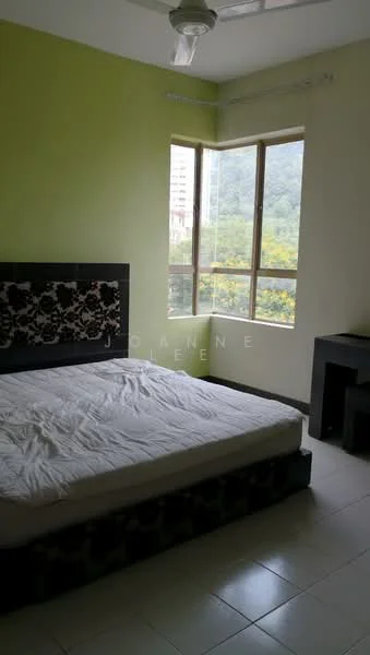 Bedroom features: green painted walls, white ceiling, floor-to-ceiling windows, queen-size bed, upholstered headboard, nightstand, ceiling fan, tile flooring; view: garden.