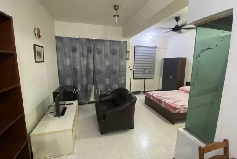 Living features: white painted walls, tiled flooring, ceiling fan, sofa chair in brown leather, TV console, television, bed with pink bedding, wardrobe in dark wood, curtains with floral pattern, window with blinds, decorative wall art.