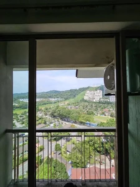Room features: floor-to-ceiling windows, balcony with railing, view of greenery, view of residential area, air conditioning unit; view: garden.