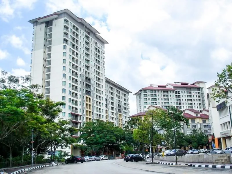 Exterior type: high-rise condominium; features: white painted facade, red pitched roof, multiple balconies, surrounded by greenery, parking lot visible, urban setting, approximately 10-storey high-rise, glass windows, landscaped area with trees; style: modern.
