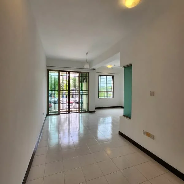 Living features: white painted walls, glossy ceramic tile flooring, floor-to-ceiling windows, sliding glass door, natural light, ceiling light fixture, green accent wall, open layout; style: modern; view: garden.