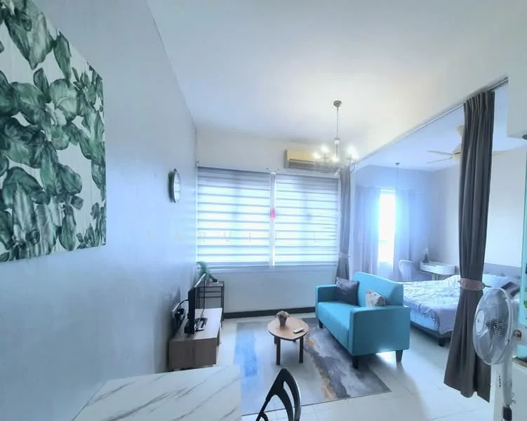Living features: grey painted walls, white ceiling, 5-blade ceiling fan, floor-to-ceiling windows with sheer curtains, light grey area rug, blue fabric sofa, wooden coffee table, TV console, wall-mounted TV, decorative wall art with green leaves, air conditioning unit; style: modern. Bedroom features: queen-size bed with grey bedding, bedside table, wall-mounted light fixture, curtains, built-in wardrobe; style: modern.
