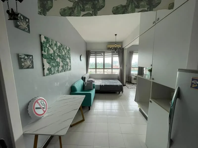 Living features: grey walls, white tiled flooring, ceiling light fixture, large window with city view, green sofa, marble-top dining table, refrigerator, decorative wall art, smoking prohibition sign; style: modern; view: city.