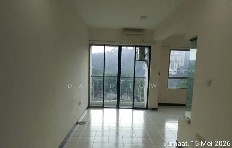 Living features: white painted walls, glossy white tile flooring, floor-to-ceiling sliding glass door, wall-mounted split AC, balcony access, natural light from large window, neutral color scheme, minimalist decor; style: modern; view: city.