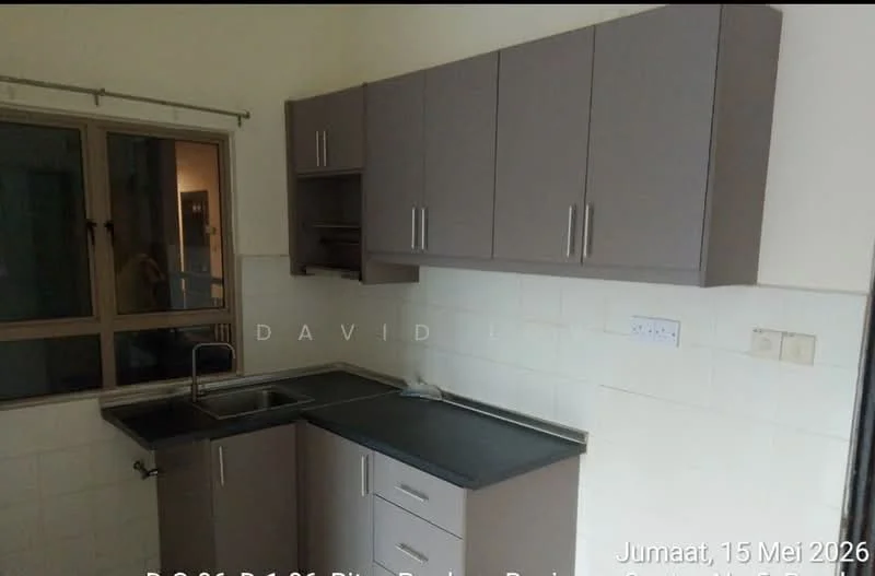 Kitchen features: grey cabinetry, black countertop, single-bowl stainless-steel sink, chrome pull-down faucet, white tiled walls, window with grid design, under-cabinet lighting, built-in cabinets; style: modern.