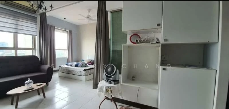 Living features: 3-seater fabric sofa in dark grey, wooden coffee table, floor-to-ceiling windows, curtains in light grey, ceiling fan, white tiled flooring, decorative table with a fan, bed with bedding visible in background; style: modern; view: city. Room features: white cabinetry, green window treatment, wall-mounted shelf.