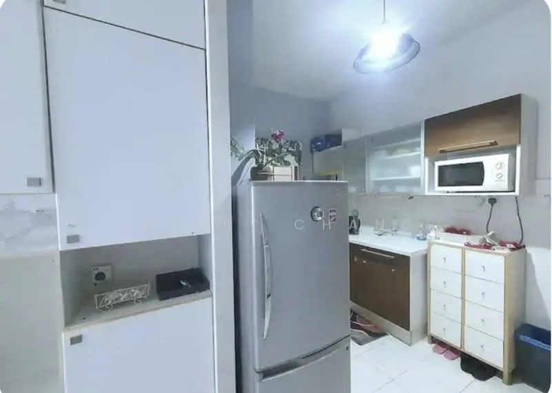 Kitchen features: white cabinetry, brown lower cabinets, stainless-steel fridge, built-in microwave, single-bowl stainless-steel sink, chrome pull-down faucet, white countertop, ceramic tile flooring, recessed downlights, wall-mounted cabinet, open shelving, decorative plants; style: modern.