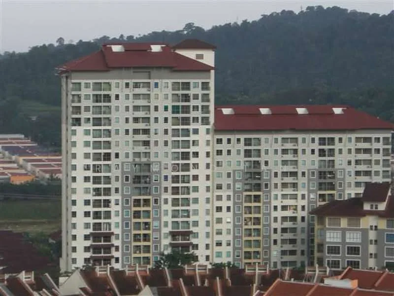 Exterior type: mid-rise condominium; features: white painted facade, red pitched tile roof, balconies with glass railings, multiple windows on each floor, surrounded by greenery, adjacent to residential area; style: modern.