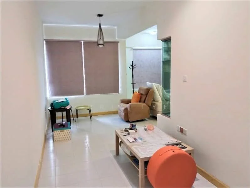 Living features: light beige painted walls, white ceiling, tile flooring, large windows with roller blinds, pendant light fixture, beige armchair, wooden coffee table, orange ottoman, decorative wall hook, small side table, green throw blanket; style: modern.