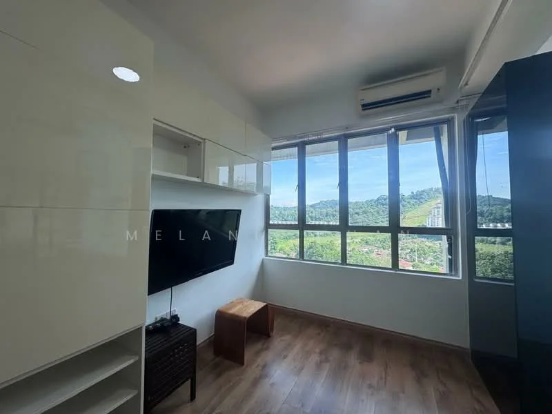 Living features: floor-to-ceiling windows, mountain view, light wood flooring, white glossy cabinetry, wall-mounted TV, wooden TV console, wall-mounted air conditioning unit, natural light from windows, decorative wall paneling; style: modern; view: mountain.