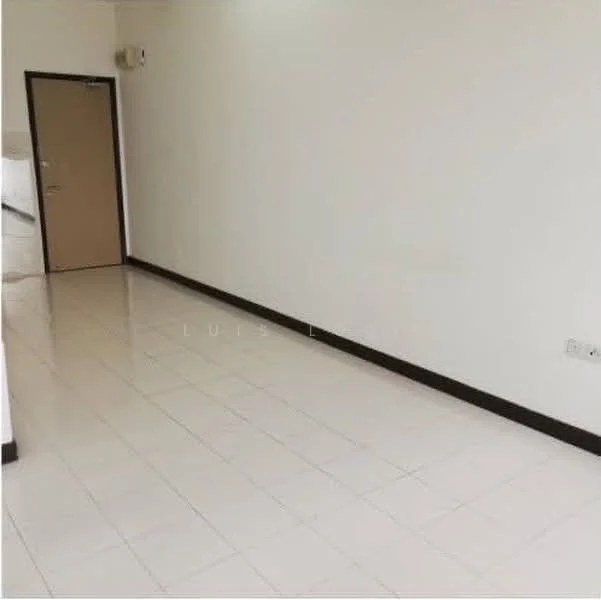 Room features: white painted walls, glossy ceramic tile flooring, single door, baseboards, air conditioning unit on wall.