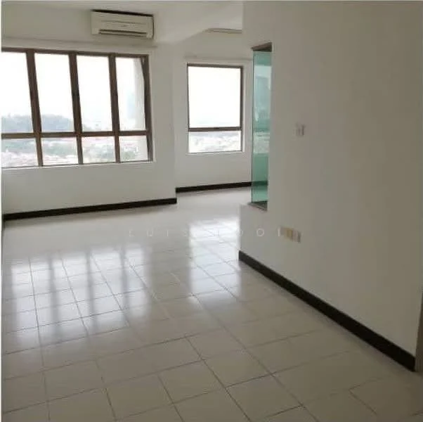 Room features: white painted walls, tile flooring, floor-to-ceiling windows, air conditioning unit, corner windows, neutral color scheme, open layout, city view; style: modern; view: city.