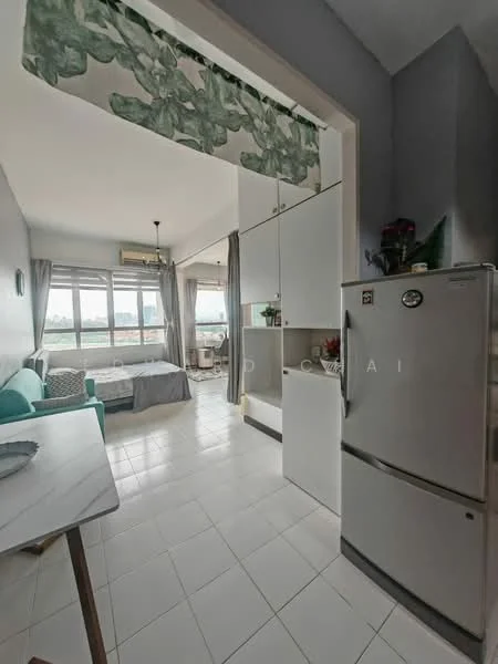 Room features: white tiled flooring, grey walls, floor-to-ceiling windows, green sheer curtains, 1 wall-mounted split AC, built-in cabinets, stainless-steel fridge, small dining table, sofa in teal, bed visible in background, decorative plants; style: modern; view: city.