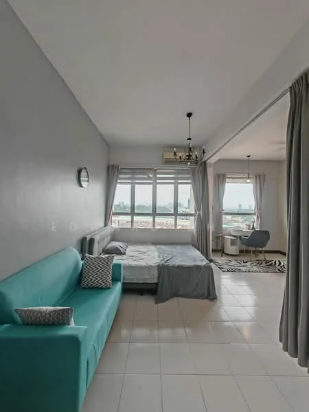 Room features: grey painted walls, white tiled flooring, floor-to-ceiling windows, sheer curtains, chandelier, 3-seater fabric sofa in teal, bed with grey bedding, study desk with chair, area rug with geometric pattern, air conditioning unit; style: modern; view: city.