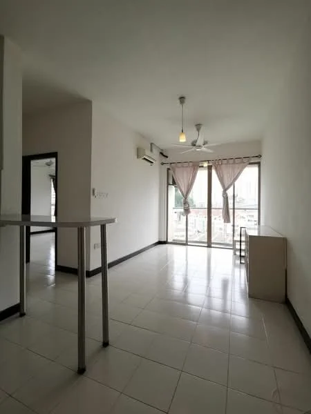 Living features: white painted walls, tile flooring, 5-blade ceiling fan with light, sliding glass door, floor-to-ceiling windows, sheer curtains, recessed downlights, dining table, air conditioning unit, open layout, balcony access; style: modern.