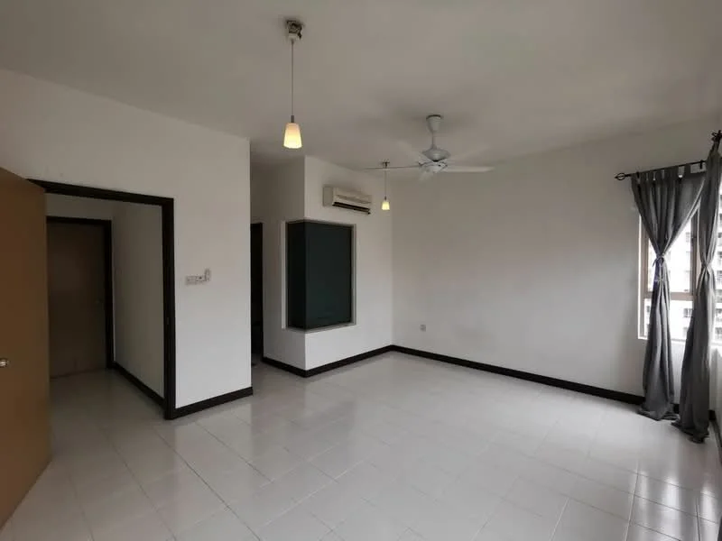 Living features: white painted walls, polished ceramic tile flooring, 5-blade ceiling fan with light, recessed downlights, floor-to-ceiling window, grey curtains, air conditioning unit, door leading to another room, wall-mounted chalkboard, neutral color scheme; style: modern.