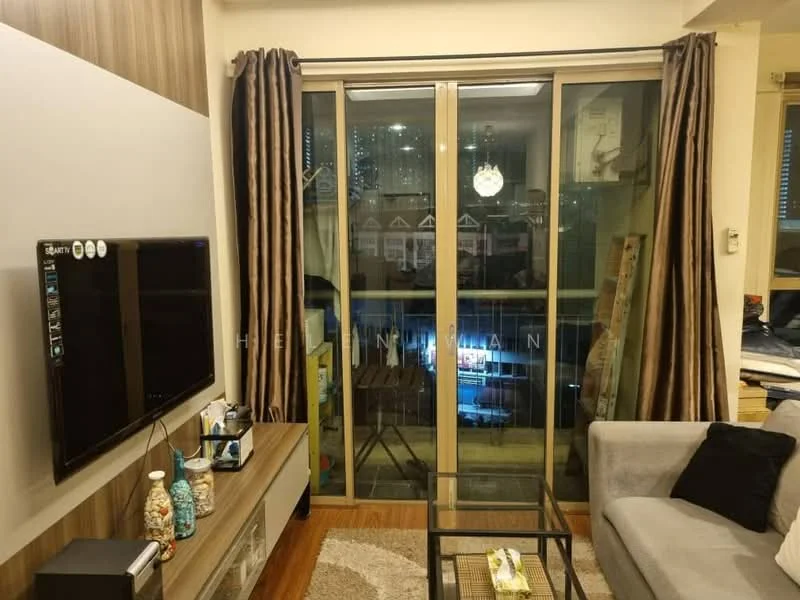 Living features: grey fabric sofa, coffee table, wall-mounted TV, TV console, floor-to-ceiling sliding glass door, sheer curtains, dark wood flooring, decorative wall paneling, area rug with geometric pattern, hanging light fixture; style: modern; view: city.
