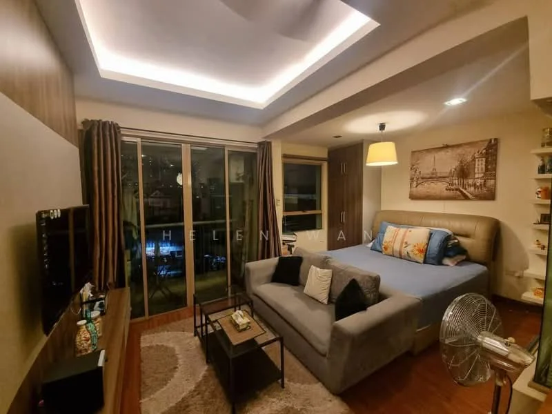 Living features: grey fabric sofa, coffee table, wall-mounted TV, wooden TV console, floor-to-ceiling windows, curtains, recessed ceiling lights, decorative wall art, wood panel accent wall, laminate flooring, ceiling fan; style: modern; view: city.