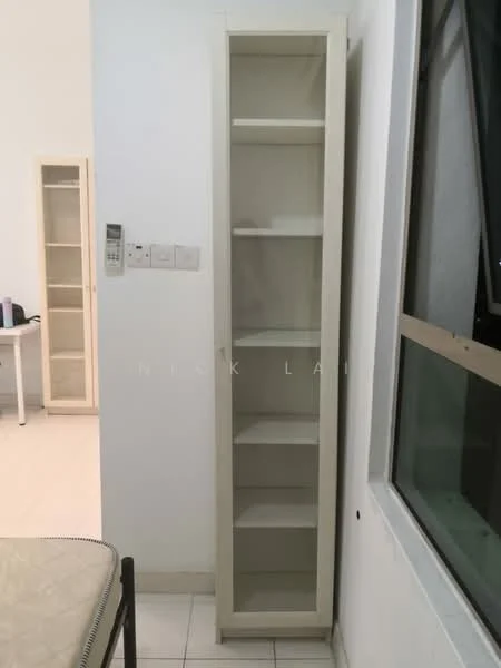 Room features: white shelving unit with multiple shelves, light-colored wall, window with visible frame, light-colored flooring, remote control panel on wall, minimalist decor; style: minimalist.